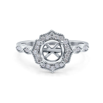 14K White Gold 0.14ct Art Deco Round 7mm G SI Semi Mount Diamond Engagement Wedding Ring Size 6.5